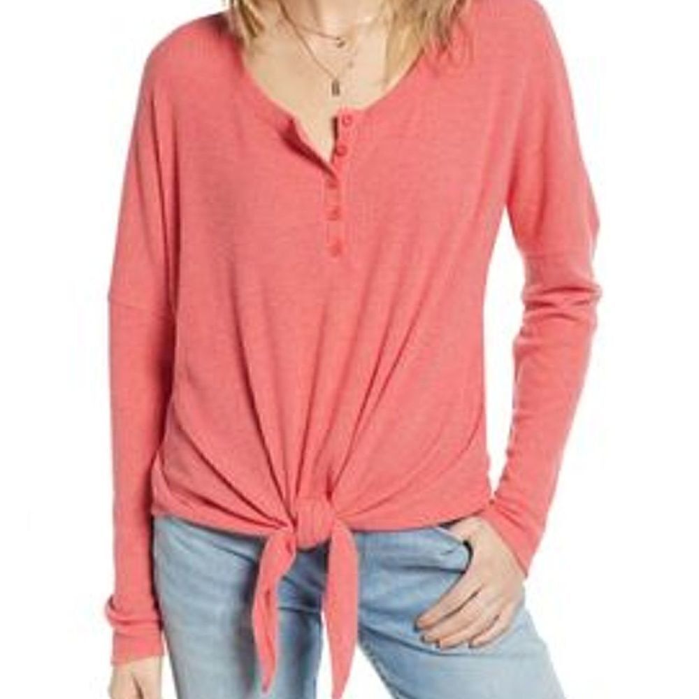 NEW Treasure & Bond Front Tie Coral Ribbed Henley Sweater Small S